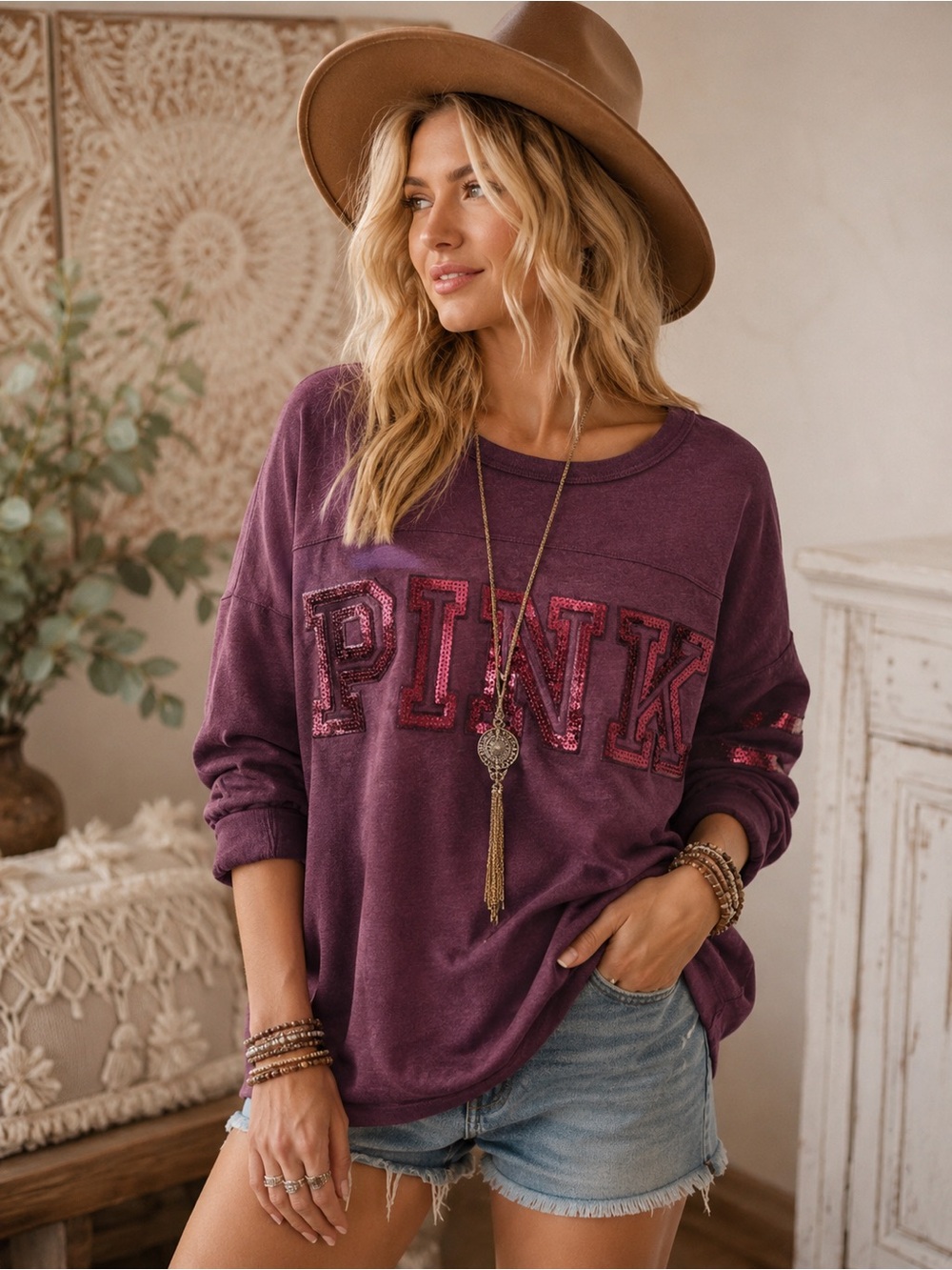 PINK Victoria's Secret Plum Sequin Logo Sweatshirt